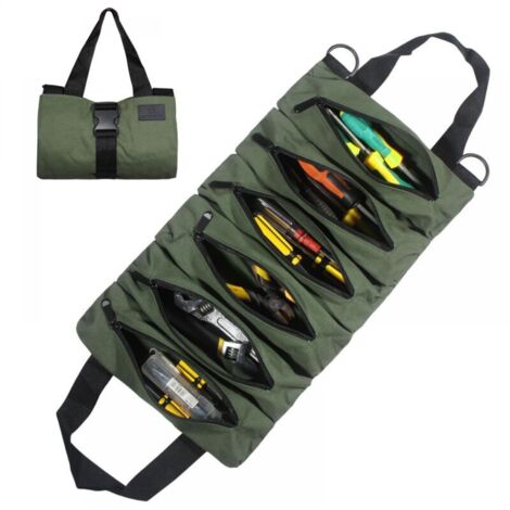 (Verde) Borsa portautensili arrotolabile portatile multifunzionale in tela con 6 tasche con cerniera, adatta per l'uso domestico quotidiano, lavorazione del legno, utensili da elettricista