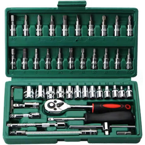 (Verde) Juego de 46 llaves de trinquete con dado de 1/4 de pulgada con juego de dados métricos y barra de extensión para reparación de automóviles