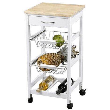 Carro para cocina cestas + botellero madera en acabado blanco 76 cm(alto)37 cm(ancho)37 cm(ancho)