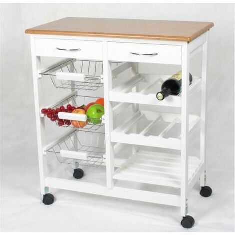Carro para cocina cestas + botellero madera en acabado blanco 76 cm(alto)37 cm(ancho)37 cm(ancho)