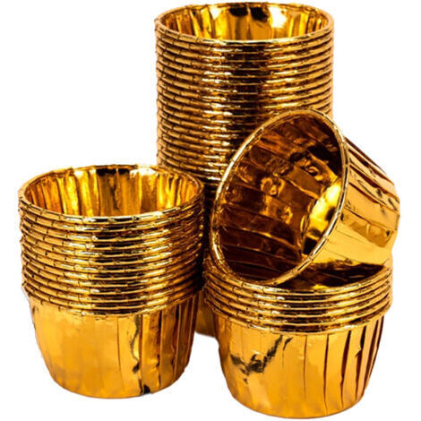 Vergoldete Backformen – Set mit 100 Metallförmchen, ideal für Cupcakes, Käsekuchen und herzhafte französische Törtchen. Elegantes Design und fettabweisend.