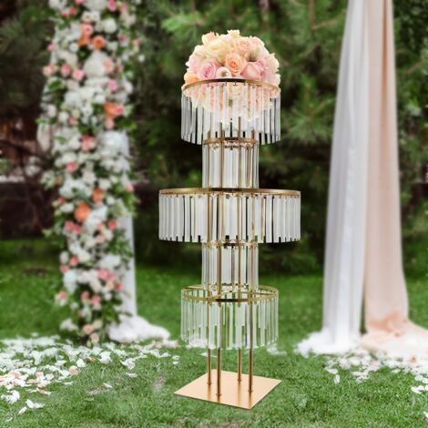 Vergoldete Vasen für Hochzeiten, Tischdekoration, Blumenständer aus Kristall mit hängenden Kristallen, runder Fuß mit 5 Stufen, 110 cm hoch, für Hochzeiten, Blumendekoration für T-förmige Bühne