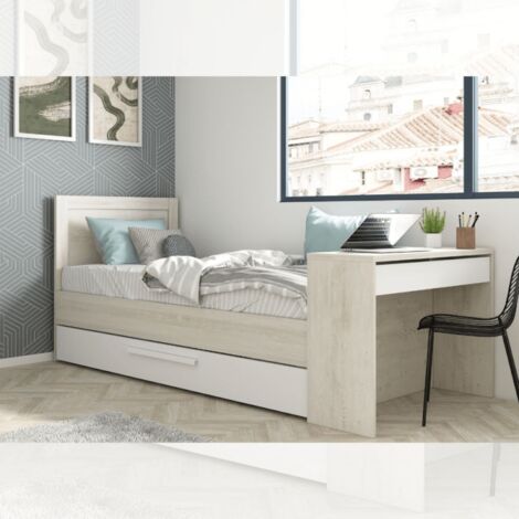Veriaffari.It – Lit gigogne vintage blanc 90x200 cm avec bureau intégré – Panneau mélaminé haute densité – Résistant aux rayures – Fabriqué en Espagne
