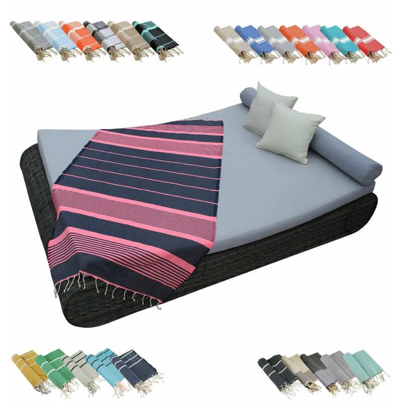 Vivezen - Véritable fouta Tunisienne 1m x 2m tissage à plat ou nid d'abeille 100% coton 380g - Gris foncé et rose