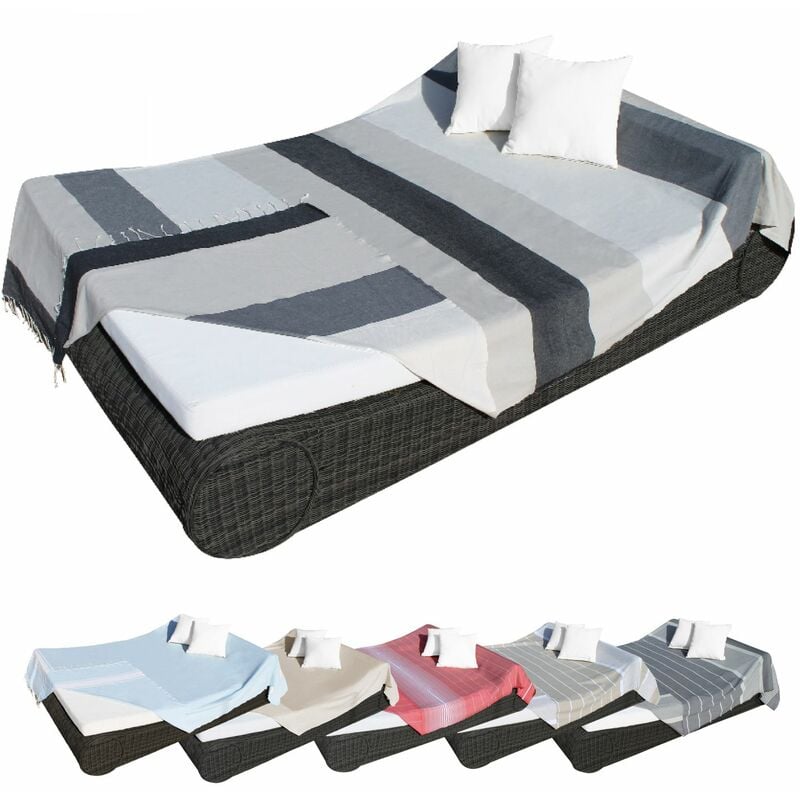 Véritable fouta Tunisienne XXL 2m x 3m tissage à plat 100% coton 380g - Gris et beige - Vivezen