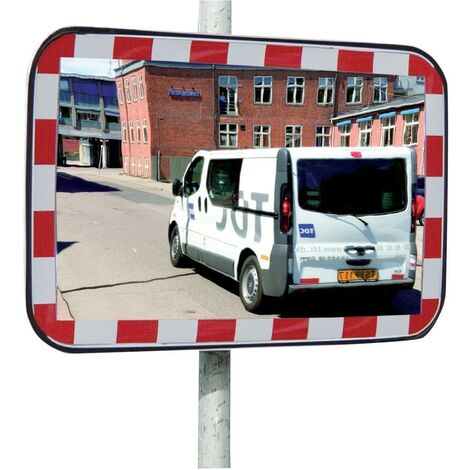 Verkehrsspiegel: Spiegel aus Sekurit, Rahmen aus Kunststoff, rot  reflektierend