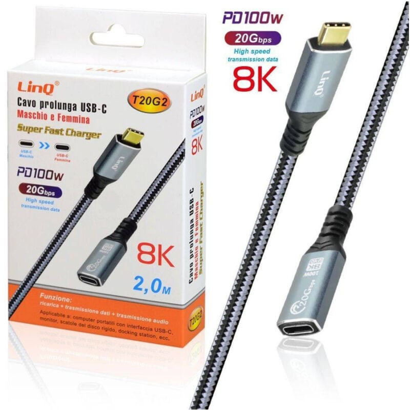 Image of Trade Shop - VERLÄNGERUNGSKABEL TYP C MÄNNLICH-WEIBLICH 2MT LADEN 100W AUFLÖSUNG 8K 20GBPS T20G2 -