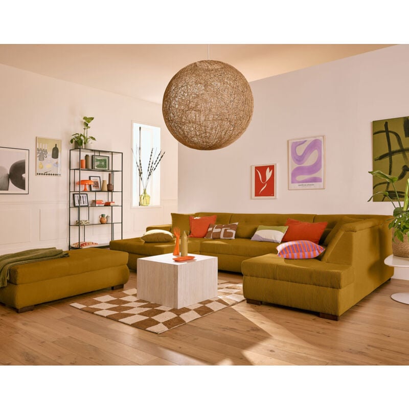 Lisa Design - Vermont - canapé panoramique d'angle droit - 7 places - convertible avec coffre - en velours côtelé - jaune