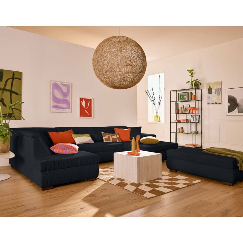 Vermont - canapé panoramique d'angle gauche - 7 places - en velours côtelé - noir