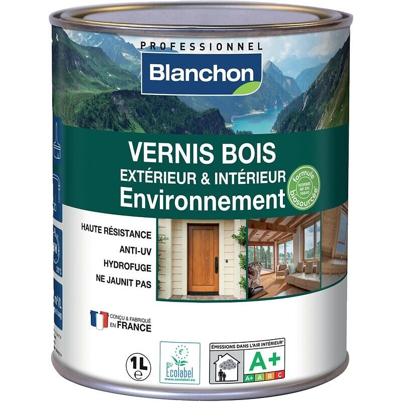 Vernis Bois extérieur & intérieur Environnement avec 80% d'ingrédients biosourcés incolore satiné pot de 1l Blanchon