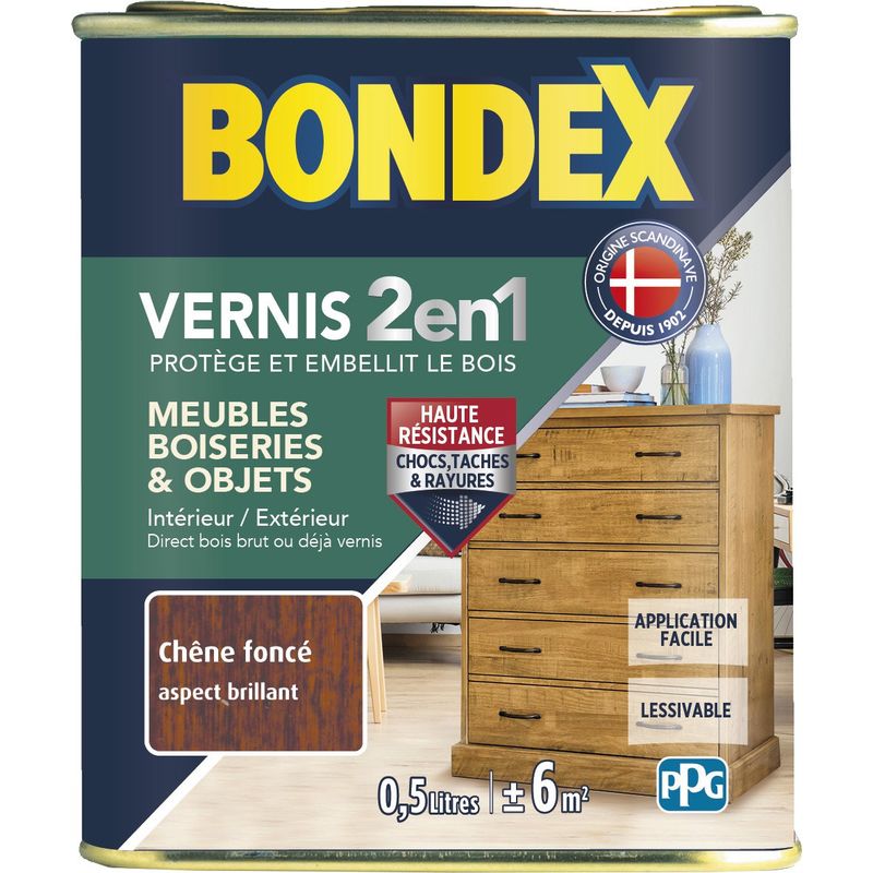 Bondex Vernis Bois 2 en 1 Protège et Embellit Aspect Brillant - 0,5L Couleur: Chêne foncé - Chêne foncé