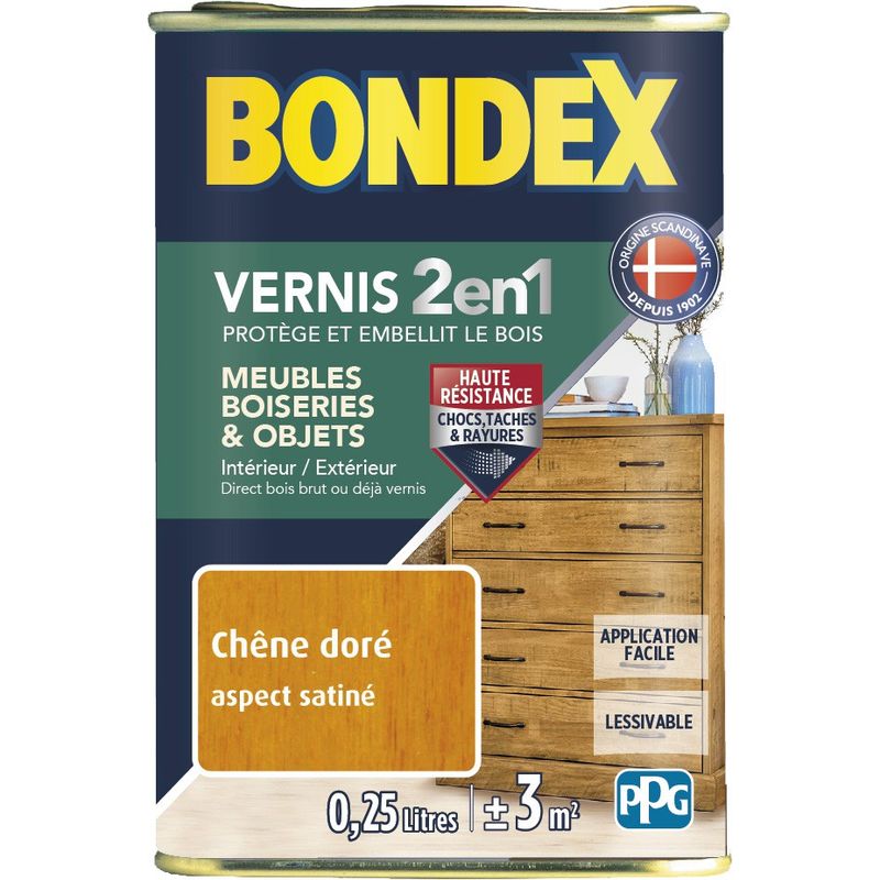 Bondex - Vernis Bois 2 en 1 Protège et Embellit Aspect Satiné - 0,25L Couleur: Chêne doré - Chêne doré