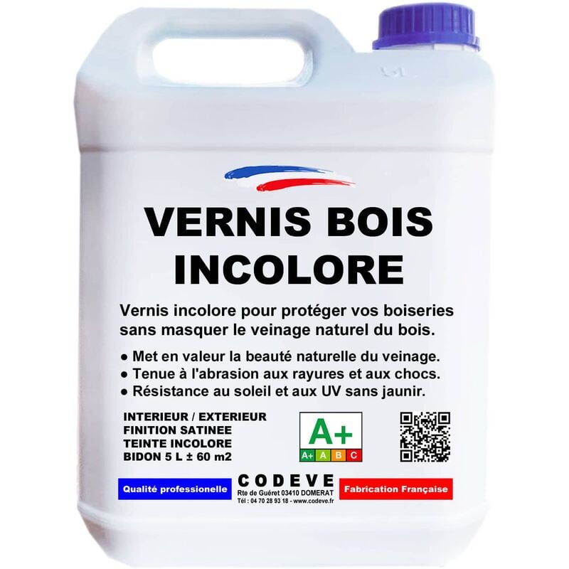 Codève Bois - Vernis Bois Incolore - 5 l - Codeve Bois - Pour Garder La Transparence Des Veines Du Bois Sans Les Masquer.