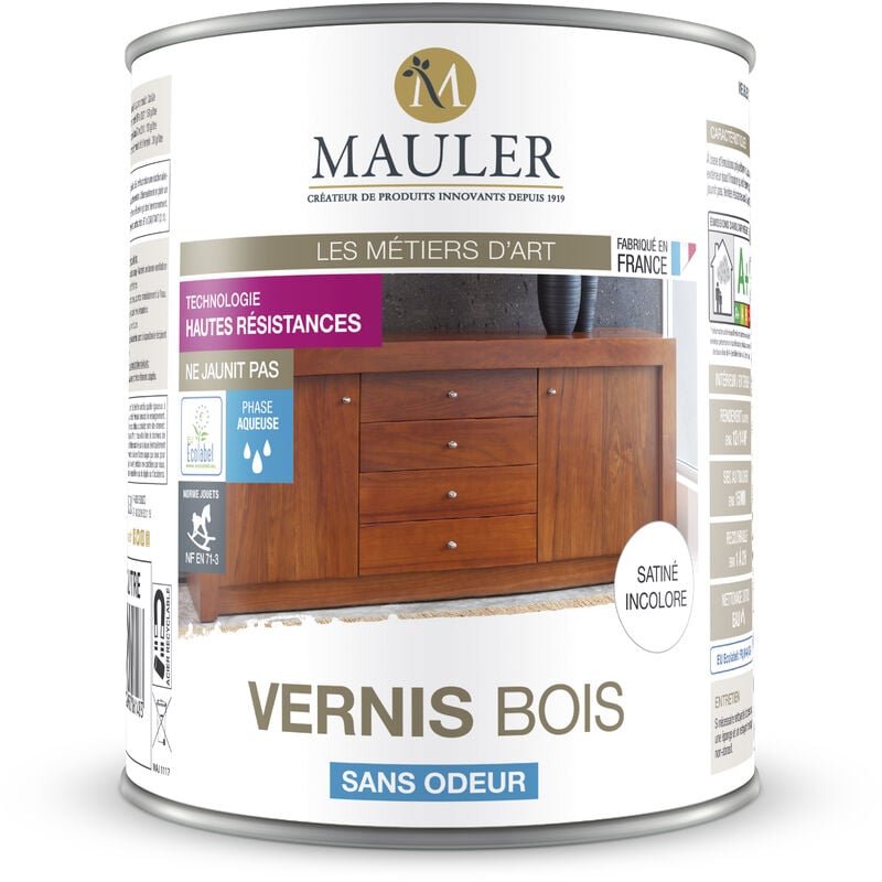 1919 By Mauler - mauler - Vernis Bois Satiné Incolore - 1L - Sans Odeur - Protège Les Boiseries Intérieur et Extérieur de l'Eau, Alcool, Chocs