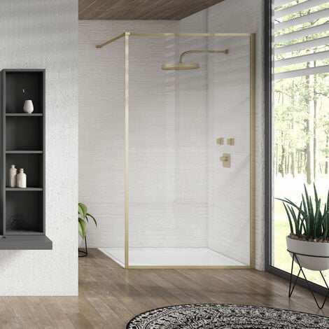 main image of "Verona Aquaglass Velar+ Brushed Brass Walk-in Shower Panel 800mm Wide with Support Bar - 8mm Glass"