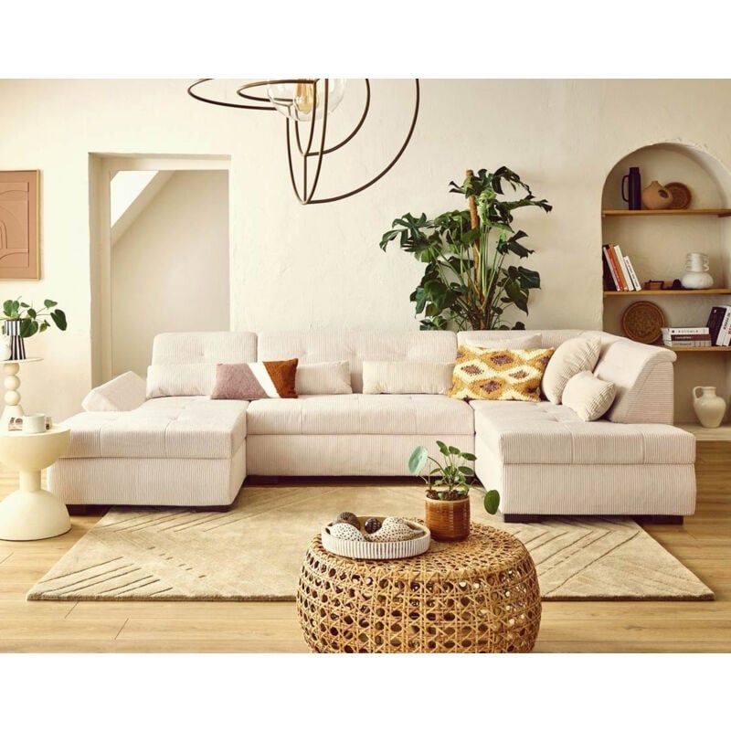 Vermont s - canapé panoramique d'angle droit 7 places en velours côtelé - beige