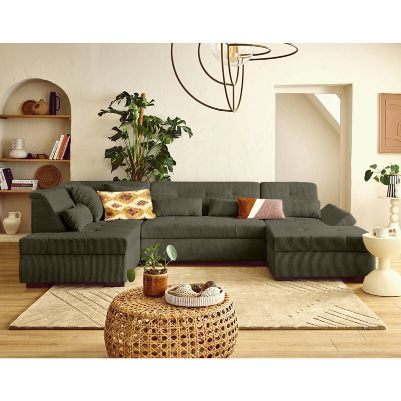 Lisa Design - Vermont s - canapé panoramique d'angle gauche 7 places en velours côtelé - vert kaki