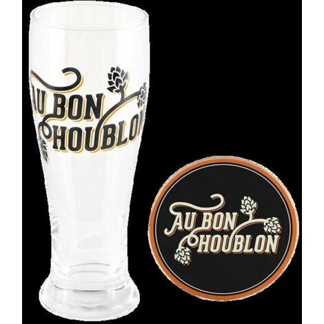 Verre à bière avec dessous de verre 'Au bon houblon'