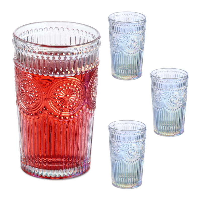 Verre à boire, en lot de 4, convient au lave-vaisselle, design vintage, capacité : 360 ml, non teinté - Relaxdays