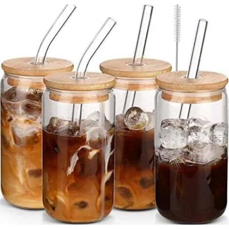 Verre À Boisson Avec Couvercle Et Paille - Verre En Verre Borosilicaté 473 Ml - Pour Café Glacé Matcha Thé Froid - Lot De 4 Pièces