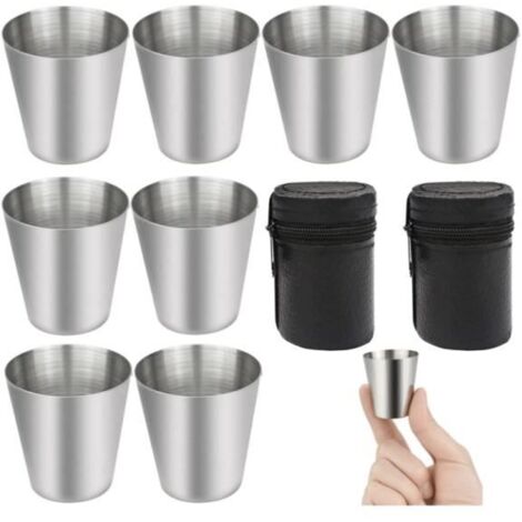 Verre à Shoot en Acier Inoxydable,8 Pcs 30ml en Acier Inoxyadable Gobelet à Shoot,Tasses Gobelet en Acier ,2 Pochette en Cuir
