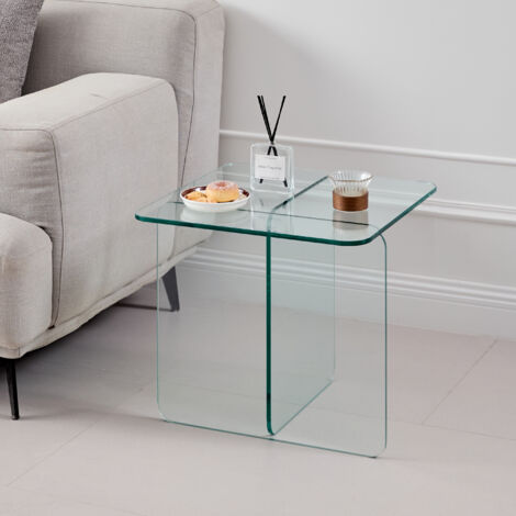 Verre clair tempéré, plateau de côté, table transparente pour finir le repas, table de salon.