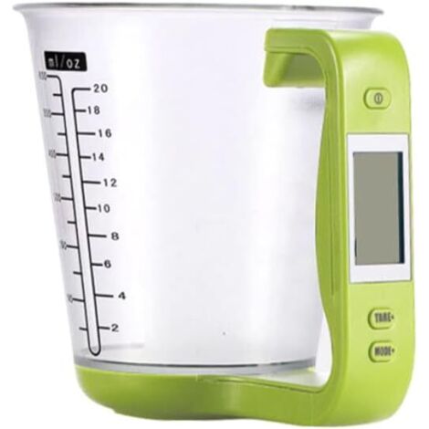 Verre doseur électronique multifonction pour cuisine, avec écran LCD amovible, permettant de mesurer le poids, la température et le volume. Couleur verte.