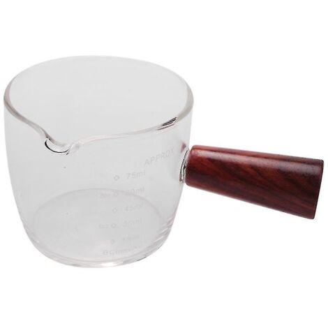 Verre doseur en verre pour expresso 75 ml, pichet triple barista à bec unique avec poignée en bois.