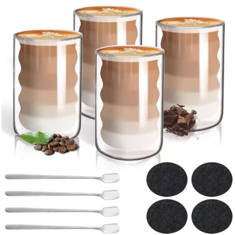 Verre Thermo Double Paroi - 350 ml - Verre Borosilicate - Pour Café Thé Latte Macchiato - Lot de 4