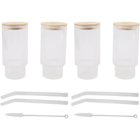 Verres à boire vintage 11oz avec couvercles en bambou et pailles, idéaux pour café glacé, cocktail, smoothie, lait, Coca-Cola, bière - Design à grain vertical