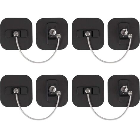 Verrou de fenêtre noir – Lot de 4 – Câble en acier inoxydable 182mm – Installation facile – Sécurise fenêtres et réfrigérateurs