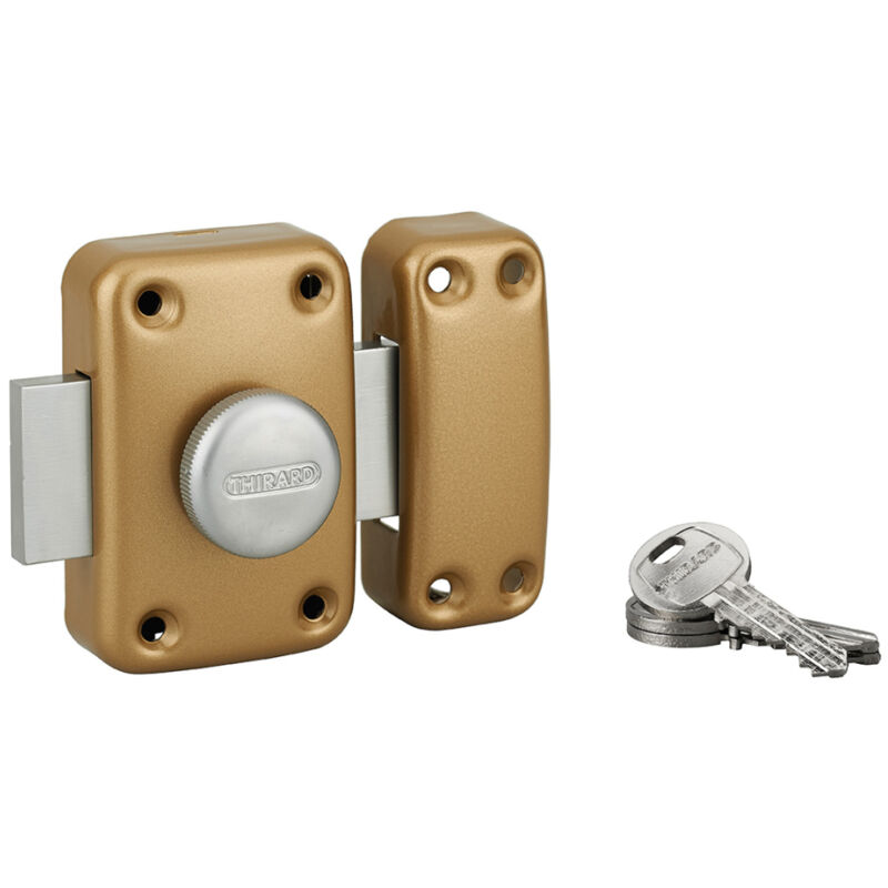 Verrou capital pour porte d'entrée non vitrée à bouton, époxy or, cylindre 50mm, 3 clés Thirard