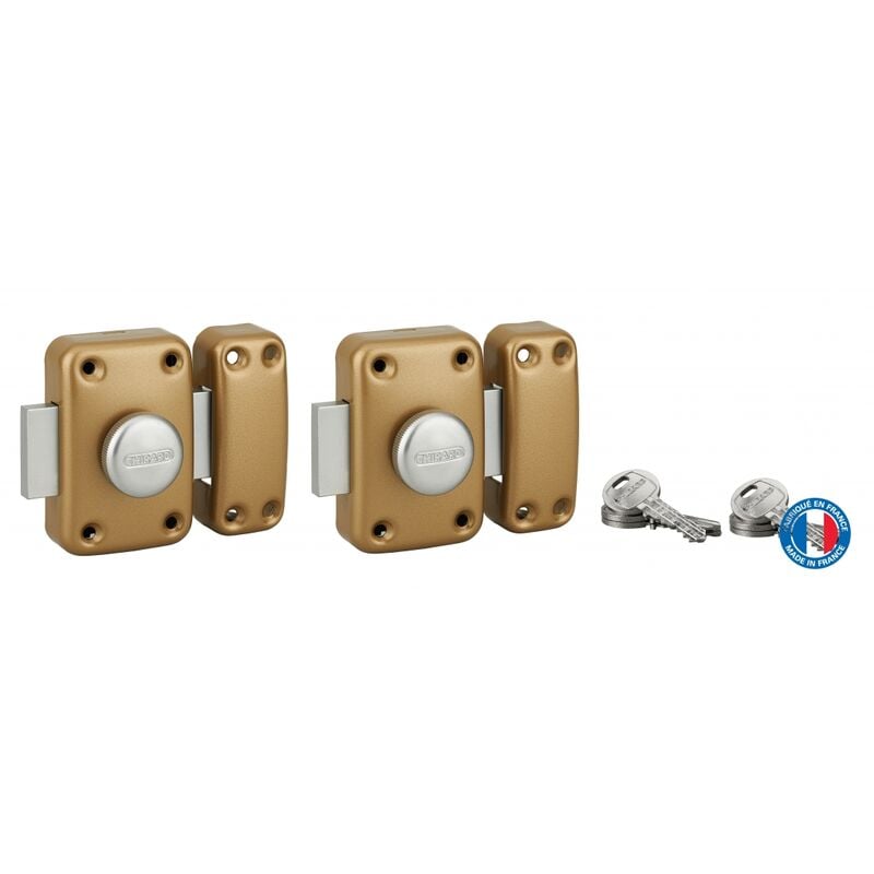 Lot de 2 verrous double entrée Capital pour porte d'entrée, cylindre HG45mm, s'entrouvrant, 3 clés/verrou