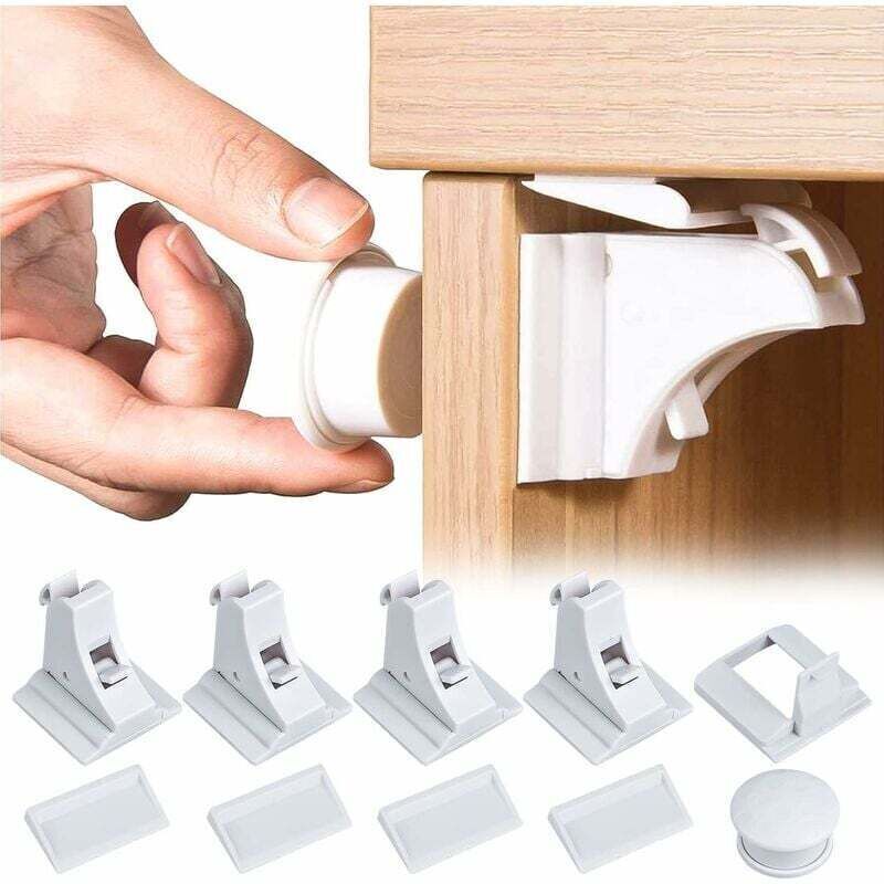 Verrouillage de tiroir pour bébé - Sécurité enfant - Verrou de placard - 4 Serrures + 1 Clé auto-Adhésive - Serrure Invisible pour Armoire et Tiroirs