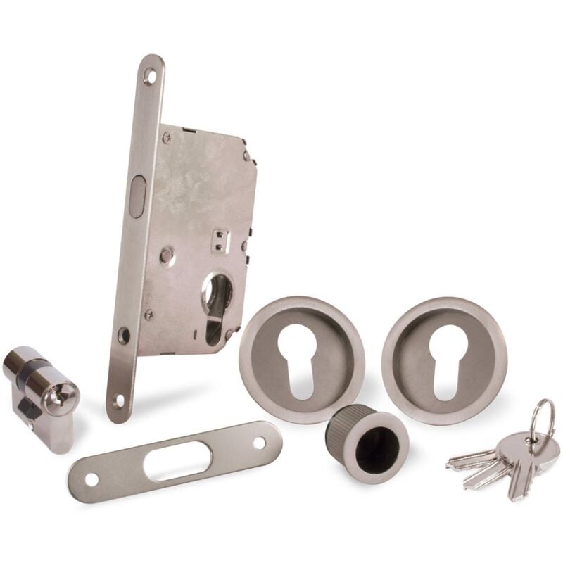 Kit Serrure Avec Cylindre 21,5X21,5 + Dé à Coudre Eco-Noe Effet Inox Mat