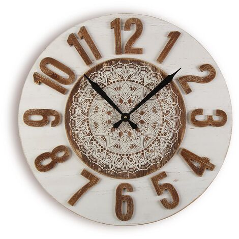 Versa Auxon Reloj de Pared Decorativo para la Cocina, el Salón, el Comedor  o la Habitación, Blanco y marrón, 60x4,5x60cm