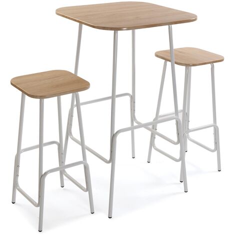 Versa Oneka Set aus hohem Esstisch und zwei hohen Stühlen, 3-teiliges Set, Maßnahmen (H x L x B) 102 x 60 x 60 cm, Holz, PVC und Metall, Farbe: Braun und Weiß - Braun und Weiß