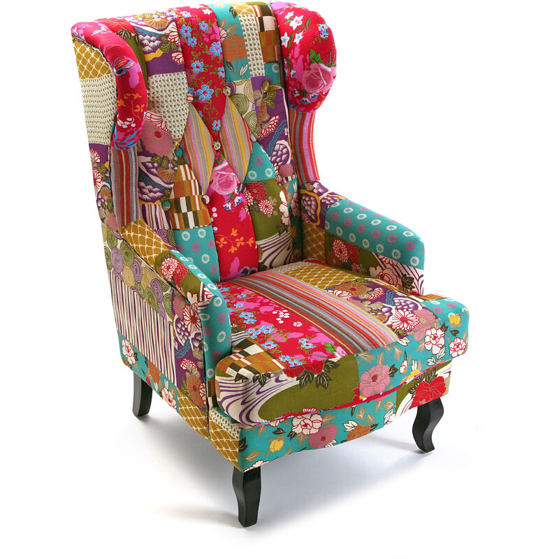 Versa Pink Patchwork Bequemer Sessel aus Baumwolle und Holz für Ihr Wohn-, Schlaf- oder Esszimmer. Wunderschöner Ohrensessel, mit Armlehnen,