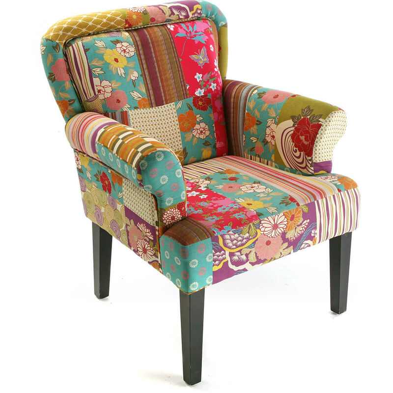 Versa - Pink Patchwork Bequemer Sessel aus Baumwolle und Holz für Ihr Wohn-, Schlaf- oder Esszimmer. Wunderschöner Ohrensessel, mit Armlehnen,