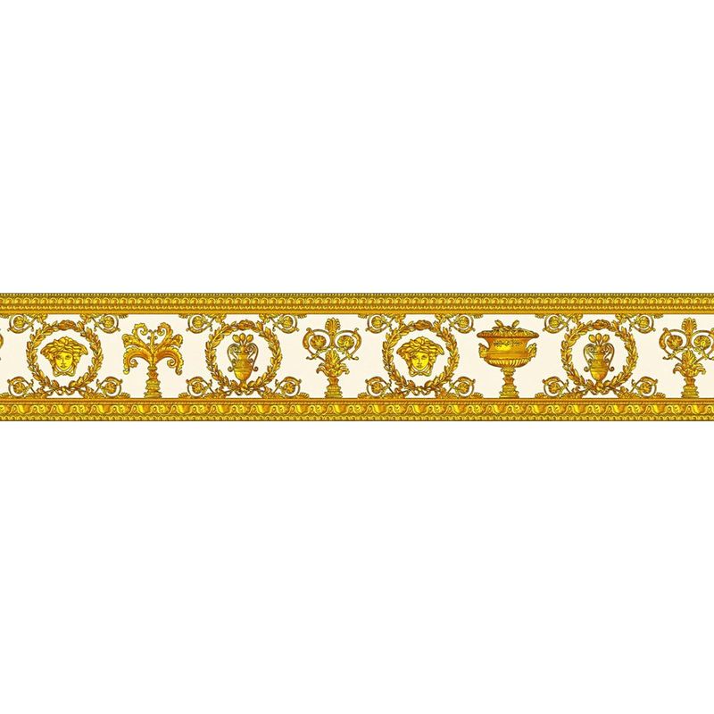 Versace Medusa Head Wallpaper Border Designer Luxury Textured White Yellow Gold