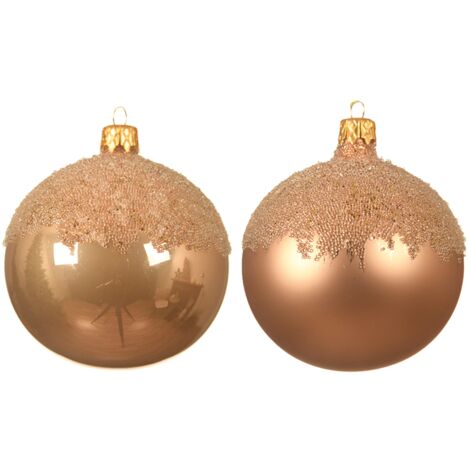 Verschiedene roségoldene Weihnachtskugeln mit glitzerbedeckter Spitze Ø8 cm