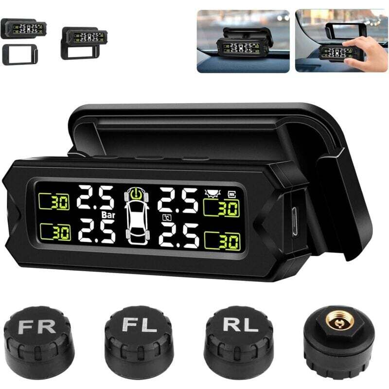 【Version Améliorée】 Système de Contrôle de la Pression des pneus 14-87Psi sans Fil Angle Réglable avec 4 Capteurs Charge Solaire/USB,de DEBUNS