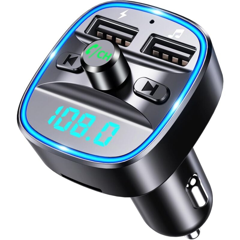 (Version améliorée) Transmetteur FM COMSOON, adaptateur de voiture Bluetooth, lecteur MP3, appels mains libres, deux ports USB (5 V/2,4 A et 1 A),