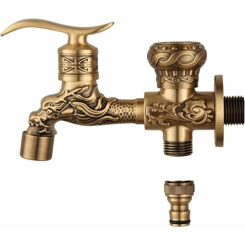 Version étendue de la Double Sortie Robinet Antique cuivre Dragon sculpté Robinet Salle de Bains vadrouille Robinet Machine à Laver Robinet Jardin