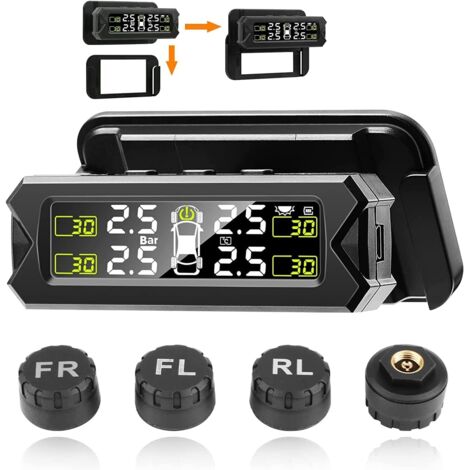 【Versión mejorada】 Sistema inalámbrico de monitoreo de presión de neumáticos (TPMS) con ángulo ajustable de 14 a 87 PSI, 4 sensores y carga solar/USB.