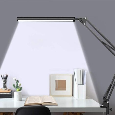Verstellbare LED-Schreibtischlampe mit Klemme, schwenkbarem Metallarm, 10 Helligkeitsstufen, ideal zum Arbeiten und Lesen.
