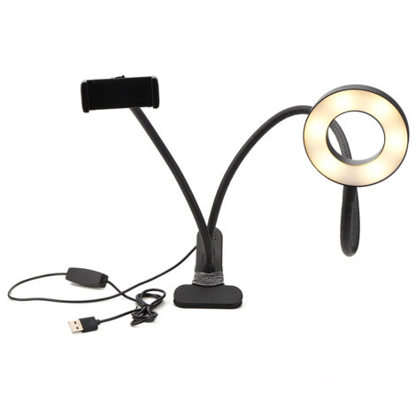 Verstellbare USB-LED-Schreibtischlampe zum Streamen, schwarze Handyhalterung für Videos und Fotos