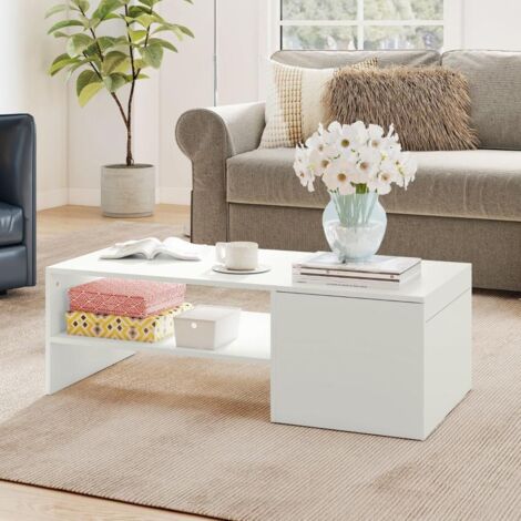 Verstellbarer Couchtisch, Metallschienen, Spanplatte, Fußpads, Weiß, Modern Design, Wohnzimmer, Schlafzimmer