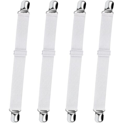 Verstellbarer Spannbettlakenspanner (65 cm bis 200 cm), verstellbarer Haltegurtverschluss für Bettlaken, Sofa, Bügelbrettbezug (weiß, 4er-Pack)