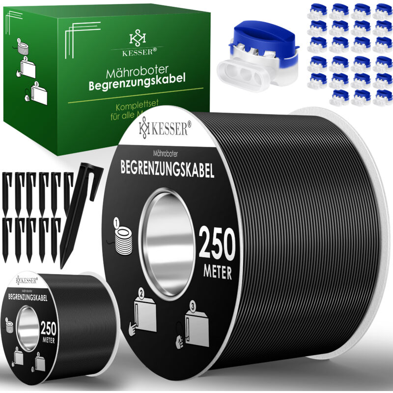 Câble périphérique + piquets + connecteurs de câble pour tondeuses-robots Accessoires set Câble périphérique compatible universel Noir / 500m + kit